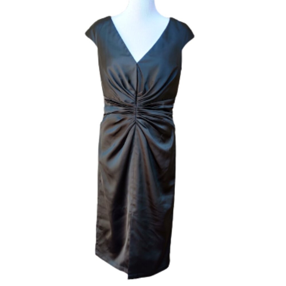 Tadashi Collection Black Satin Dress Ruched Slit V-Neck Cocktail Classic